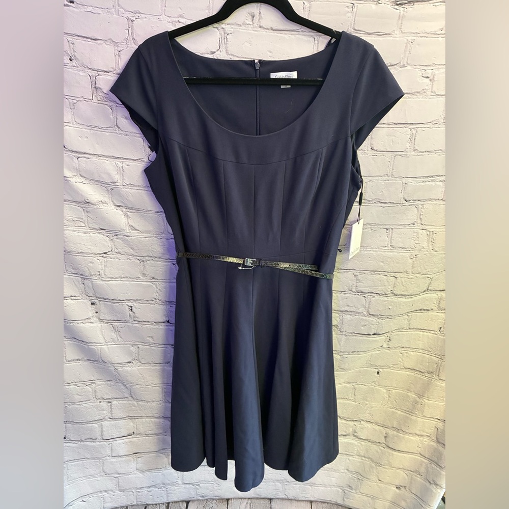 Calvin Klein Blue Paneled Cap Sleeve A-Line Knee Length Belted Dress NWT Size 12 - Picture 1 of 9